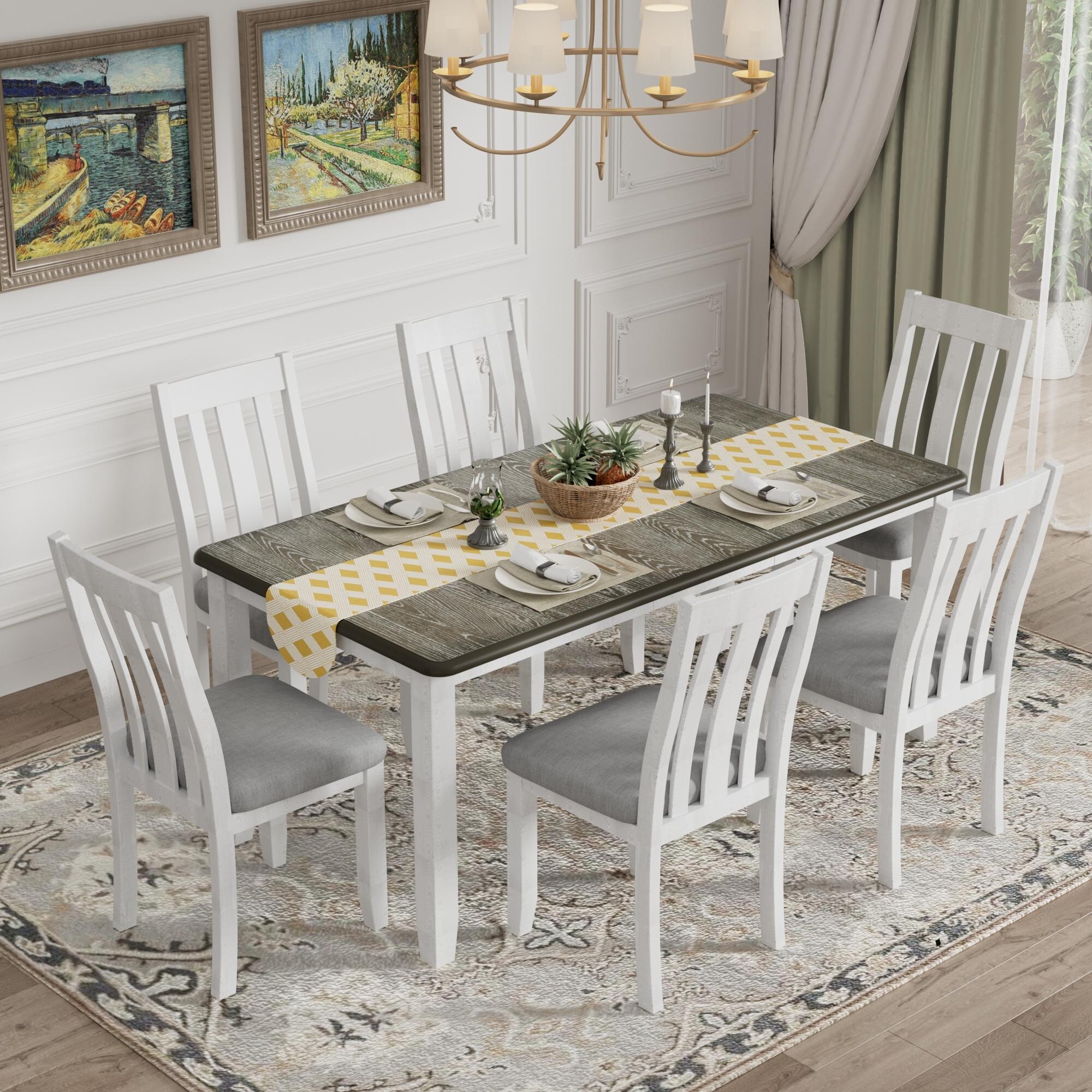 Retro Style 7-Piece Dining Table Set with Extendable Table and 6